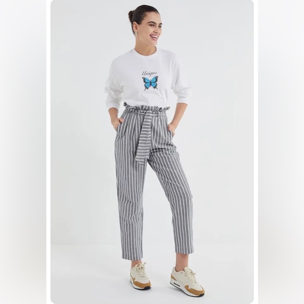 Urban Outfitters Gianna Striped High Rise Paper Bag Pants Blue Cotton Linen